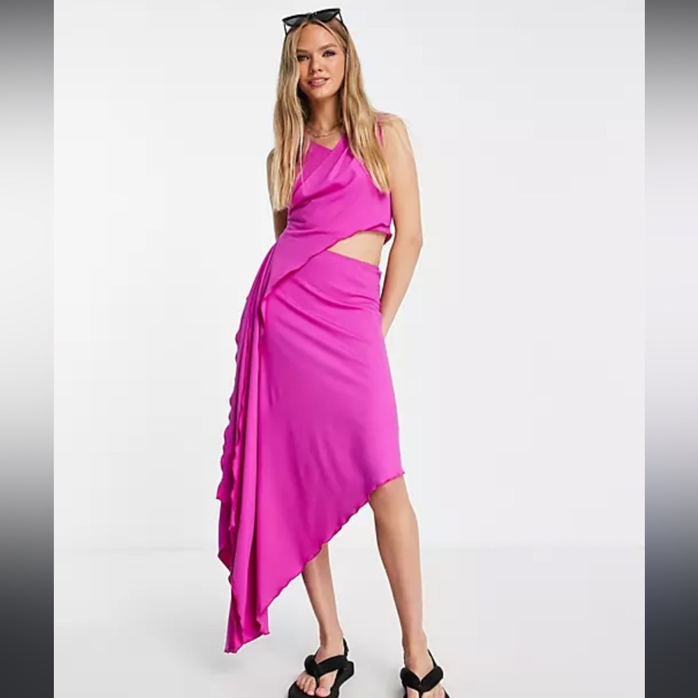 Topshop cut out jersey lettuce hem asymmetric midi dress in magenta